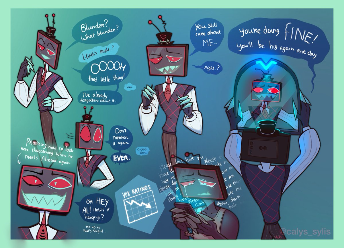 calys_sylis's tweet photo. I got real inspired by @kiwipoplin 's S3 Vox concept (and @Velvettedarling 's art of him as well :3c ) , so I made a buncha fanart!!! He tries so hard, but just one thing needs to go wrong and he snaps again

#hazbinhotel #hazbinhotelvox #voxfanart https://t.co/INwW5FE2eM