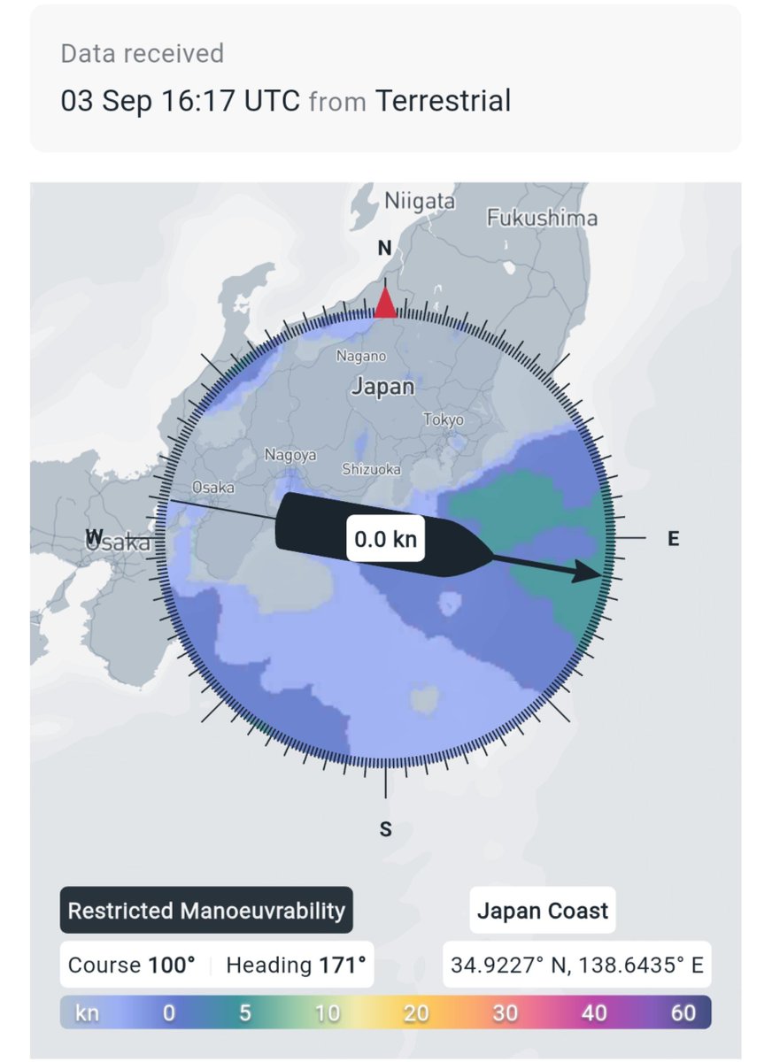 redbird2018's tweet photo. 【駿河湾】「ちきゅう」は掘削中。
restricted manoeubrability＝位置補正
ドリルを下ろすと自動的にこうなります。風強いので少し流されてますが。
それでも世界最高レベルの位置補正能力です。
掘削時間は26/09/04/1:35で12 時間と30分。 https://t.co/bPJ6sLjtyc