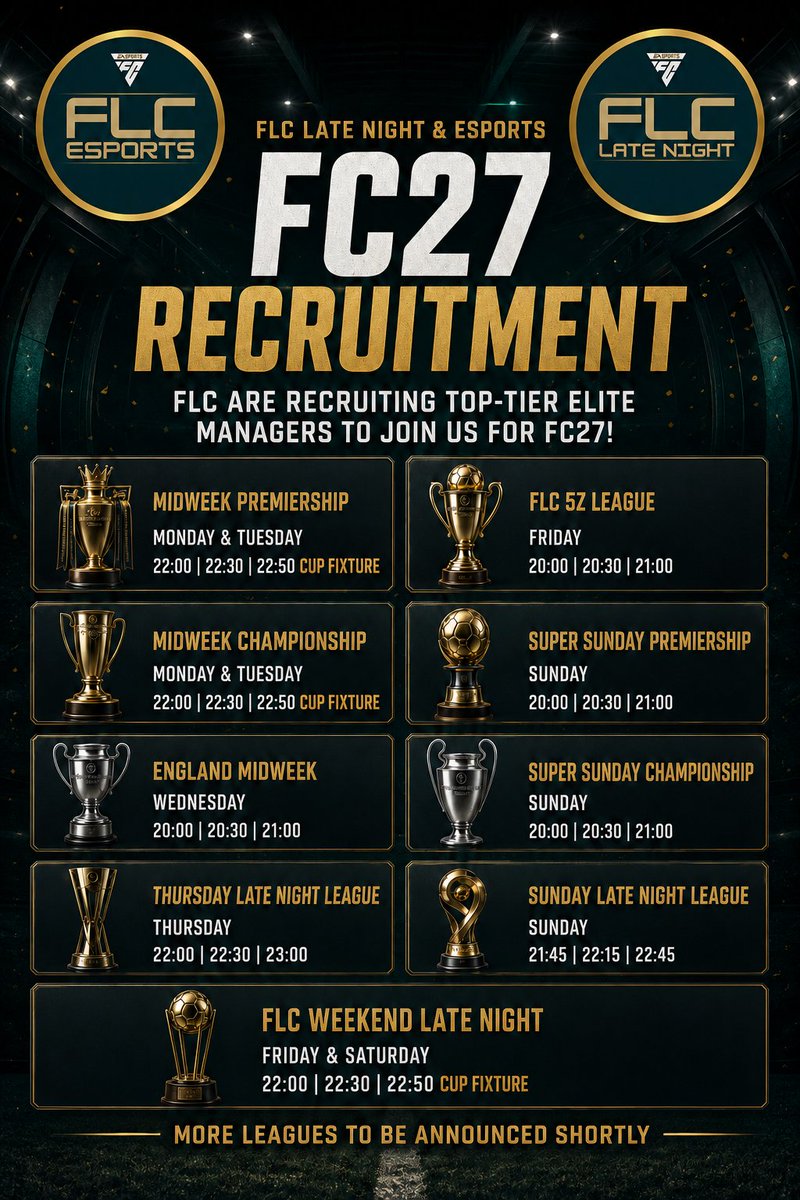 OfficialFLC2017's tweet photo. Think you have what it takes to build a squad, lead from the front and compete for silverware?

Get in touch with the FLC team and register your interest for FC27

#proclubs
#eafc
#esports 
#11v11 
@EASPORTSFC https://t.co/6pw2QFFVF9