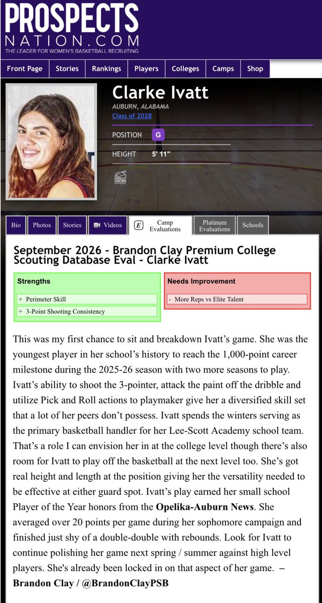 BrandonClayPSB's tweet photo. Brandon Clay College Scouting Database & Film Room Evals | @bclayfilmroom

“The Best Film Evals & College Scouting Database in 🏀 .”

Newest College Scouting Database Film Eval: ‘28 G Clarke Ivatt (AL)🚨

Ivatt has a @BClayScouting College Database Card with a brand new Eval unlocked 🔓.

“This was my first chance to sit and breakdown Ivatt’s game. She was the youngest player in her school’s history to reach the 1,000-point career milestone during the 2025-26 season with two more seasons to play. Ivatt’s ability to shoot the 3-pointer, attack the paint off the dribble and utilize Pick and Roll actions to playmaker give her a diversified skill set that a lot of her peers don’t possess.”

Who Will Unlock Their Eval Next 👀

@hcreighton23
@RamseurAva05
@AddiBonham
@maddiemanzardo 
@KenzieKeys2028
@PeytonHill2028 

⬇️ PURCHASE & UNLOCK 🔓 YOUR COLLEGE SCOUTING DATABASE EVAL ⬇️ https://t.co/27cL6hE7dq

FOLLOW THE BRANDON CLAY MARKETING INSTAGRAM: https://t.co/EdoYaFJnVd