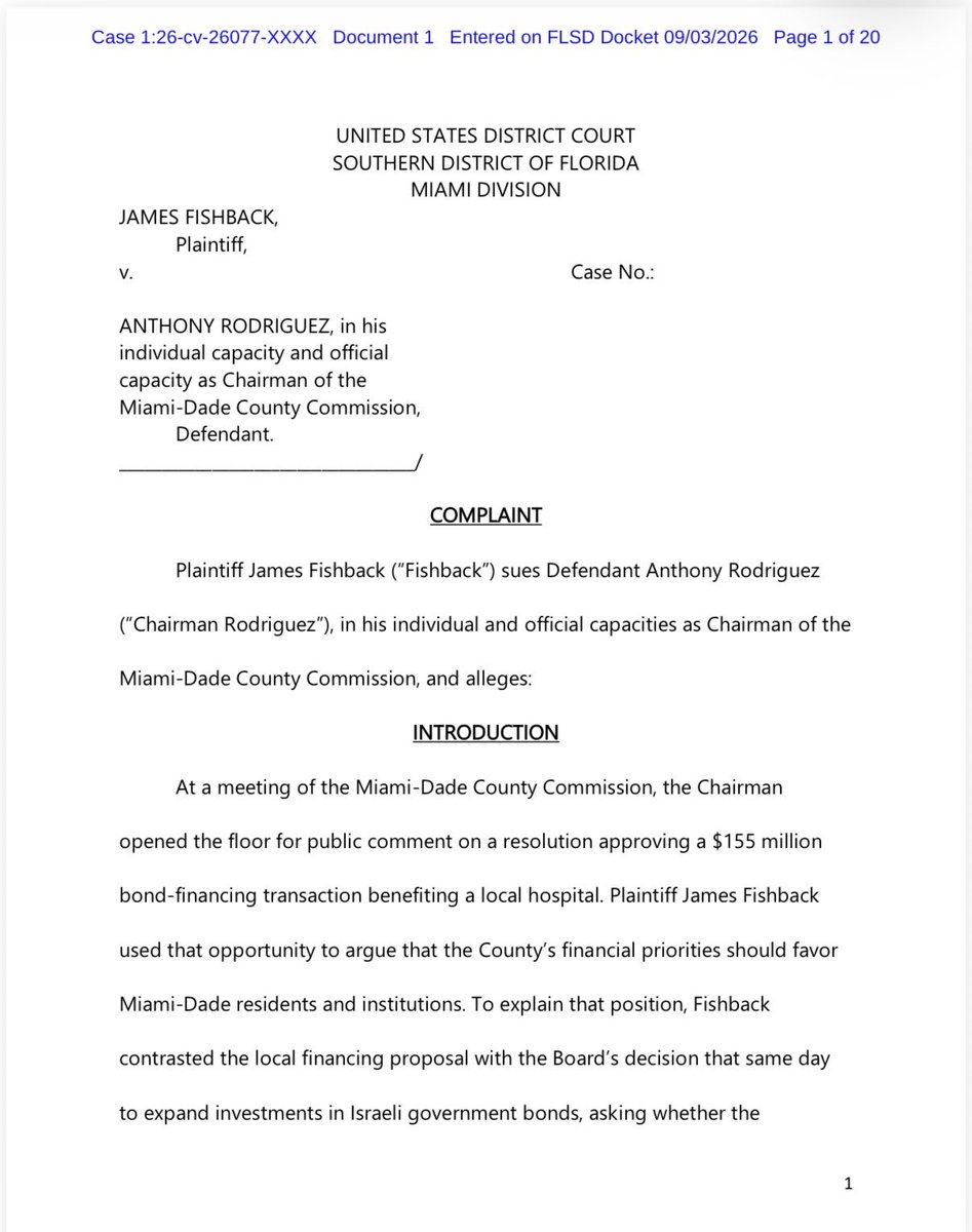 AnthonySabatini's tweet photo. JUST IN—Today I filed a lawsuit on behalf of my client @j_fishback against the Miami-Dade County Commission.

At a meeting of the Miami-Dade County Commission, the Chairman opened the floor for public comment on a resolution approving a $155 million bond-financing transaction benefiting a local hospital.

Plaintiff James Fishback used that opportunity to argue that the County’s financial priorities should favor Miami-Dade residents and institutions. To explain that position, Fishback contrasted the local financing proposal with the Board’s decision that same day to expand investments in Israeli government bonds, asking whether the commissioners served “the people of South Miami or of Jerusalem” and insisting that public money “should be invested here in this community.” 

Although this was a coherent & sharply critical argument about local versus foreign financial priorities, Chairman Anthony Rodriguez cut Fishback’s microphone and caused
his removal because he referenced and criticized the Israel-bond decision.

The First Amendment permits enforcement of reasonable, viewpoint-neutral rules governing time, decorum, and germaneness; it does not permit Miami Dade County to silence an otherwise germane speaker because they disapproved of the viewpoint
from which he addressed the County’s bond and financial policies.