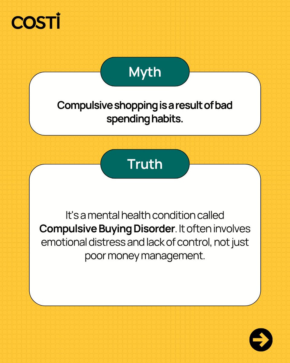 COSTI_org's tweet photo. Think compulsive shopping is just "bad spending habits" or a lack of willpower? Think again. Here are a few myths about shopping that need to be debunked. 

If you or someone you know is struggling, COSTI can help. Call 1-416-244-7714 (1/3) https://t.co/KSrf7XQt18