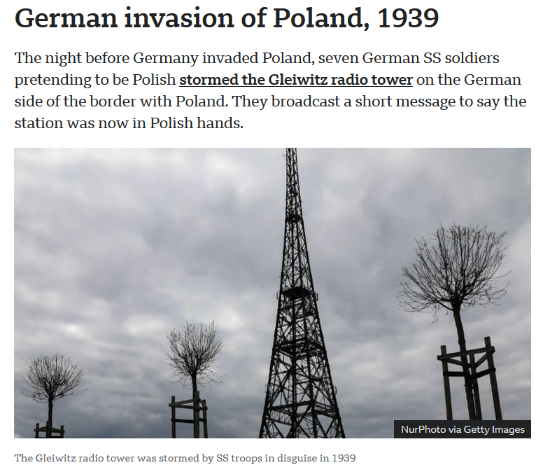54JohnBull's tweet photo. False flags or downright lies are continually used to start wars.
Western states have been experts at it, with claims of Iraqi WMDs and lies made at the UN about babies being thrown out of incubators in Kuwait. Now Germany is at it with claims of Russian state involvement in the bizarre drone incident. It’s not as though Germany doesn’t have form, given it was almost exactly 87 years ago that they staged the storming of the Gleiwitz radio tower to blame it on Poland.