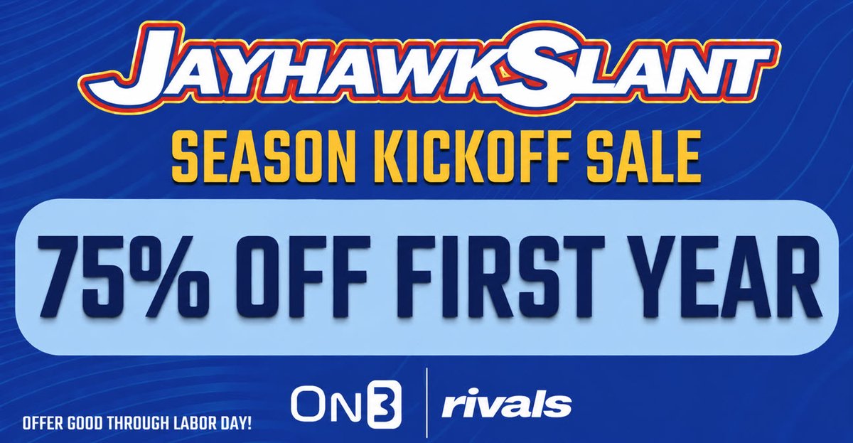 JayhawkSlant's tweet photo. 🚨Limited Time: Get 75% off Jayhawk Slant 🚨

Our best sale will end on Labor Day. Get Jayhawk Slant 75% off your first year. 

Follow all the KU news and recruiting for less than $3.00 a month. #kufball #kubball

➡️- https://t.co/5is8oaNnHg https://t.co/6NGa6oDqwM