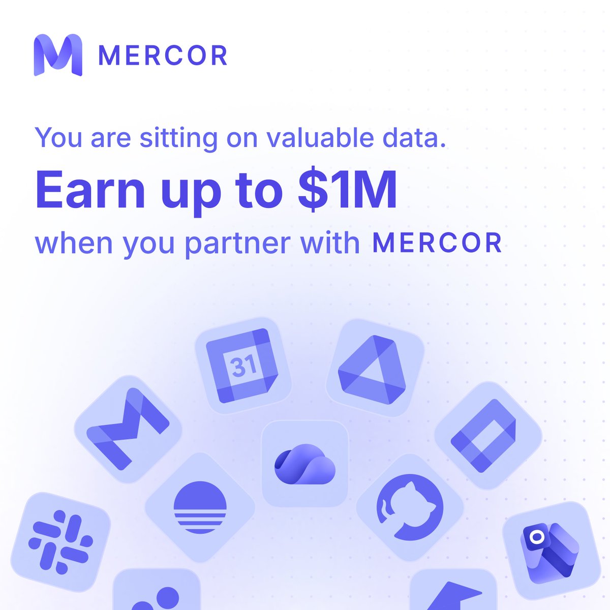 mercor's tweet photo. Years of workflows, comms and records don't have to be silently discarded. Mercor anonymizes operational data and contributes it to frontier AI labs, with payouts up to $1M for data you're sitting on. No upfront costs, no engineering lift.