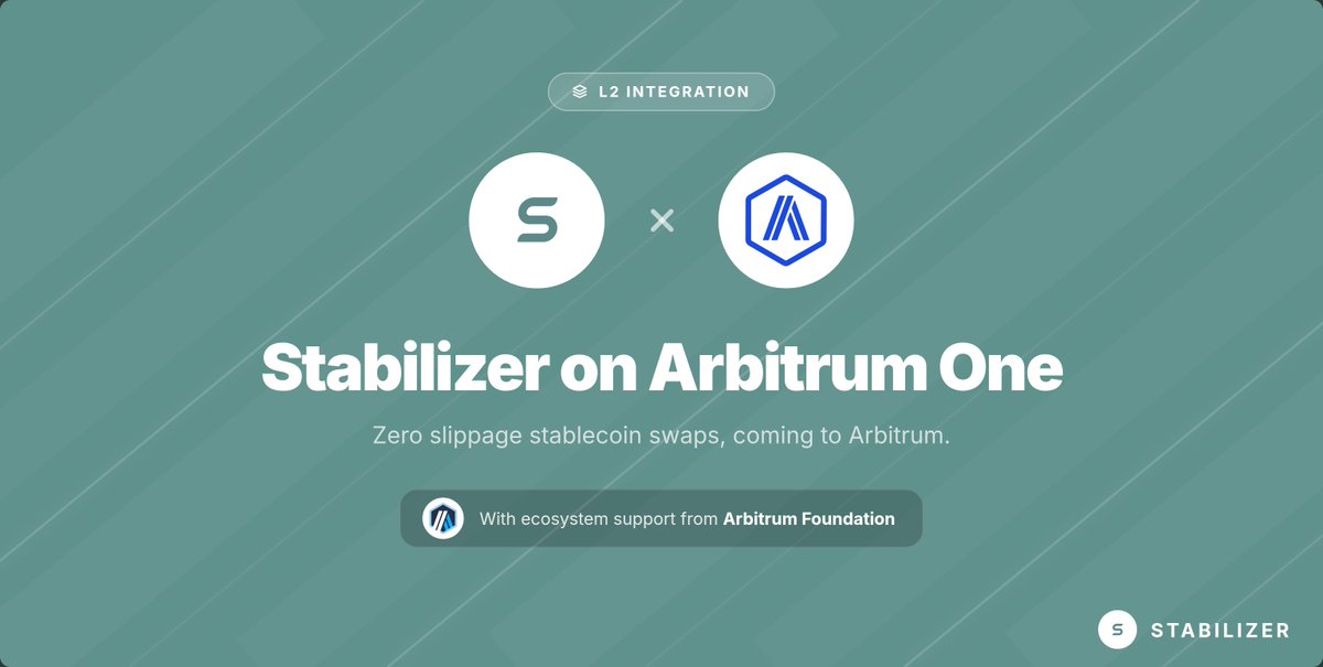 StabilizerFi's tweet photo. Stabilizer x @arbitrum

Zero slippage stablecoin swaps are coming to Arbitrum One, home to $3.5B in stablecoins.

Read more 👉 https://t.co/Vzqa3kGj4I https://t.co/K4HRJ1RM6d