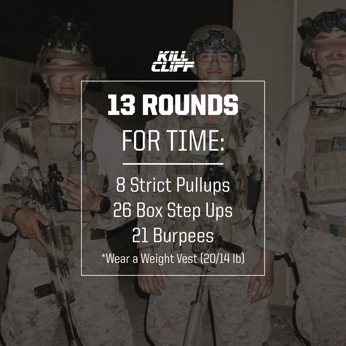 KILLCLIFF's tweet photo. Hit this Hero WOD honoring Navy Corpsman Maxton Soviak.

The "Maxton" Hero WOD — 13 Rounds:

✔️ 8 Strict Pullups
✔️26 Box Step Ups
✔️21 Burpees

Box Height (24/20 in)
Wear a Weight Vest (20/14 lbs) https://t.co/q8X3bbmChr