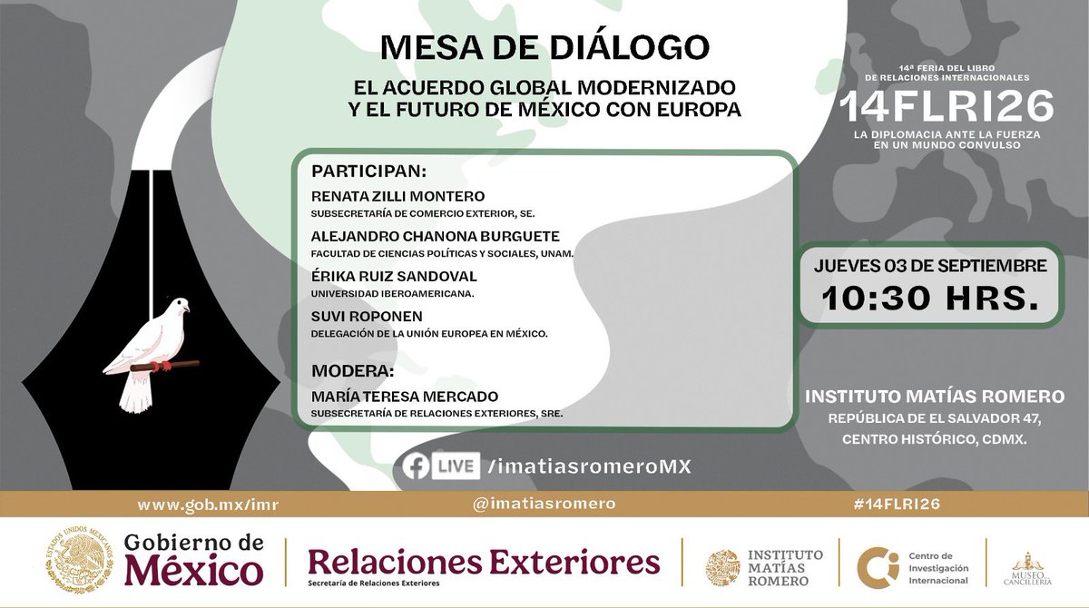 imatiasromero's tweet photo. 💬 ¡Estamos iniciando!

Acompáñanos en la mesa de diálogo “El Acuerdo Global Modernizado y el futuro de México con Europa”, en el marco de la #14FLRI26

🎥 Sigue la transmisión en vivo por Facebook Live: https://t.co/fO6pJ5h4d4 https://t.co/E8Tuj8Oaob