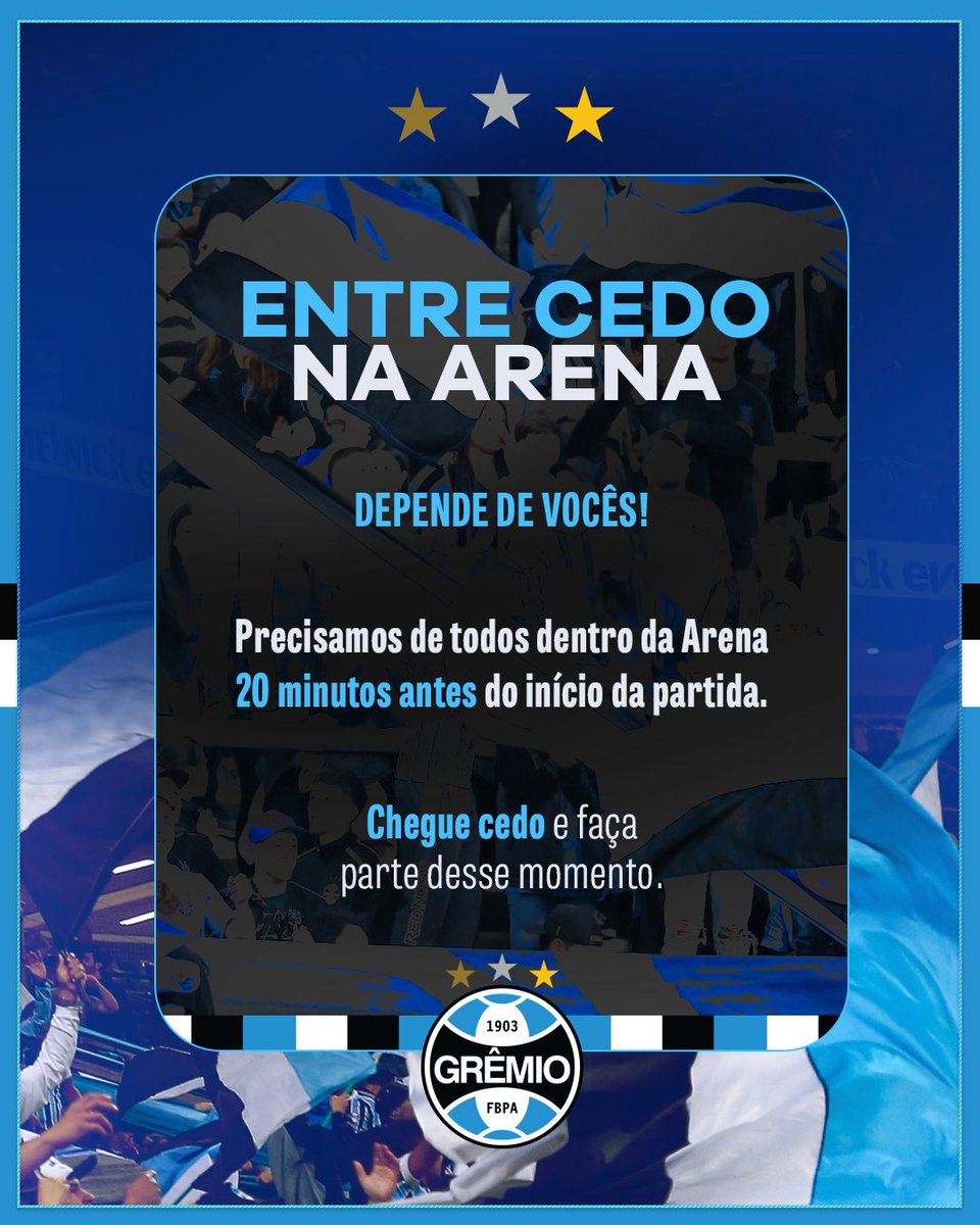 Gremio's tweet photo. 𝐌𝐀𝐈𝐒 𝐃𝐄𝐓𝐀𝐋𝐇𝐄𝐒 𝐏𝐀𝐑𝐀 𝐑𝐄𝐂𝐄𝐁𝐄𝐑 𝐎 𝐓𝐑𝐈𝐂𝐎𝐋𝐎𝐑! 🎺🇪🇪 Atenção, torcedor de 𝐓𝐎𝐃𝐎 o setor Leste! Os cilindros azuis, pretos e brancos estarão espalhados pelas cadeiras dos setores Gramado, Cadeira Gold, Camarotes e Superior.

⚠️ Importante: Cada assento estará identificado com um plástico das três cores do Tricolor. Por isso, permaneça com o cilindro da cor da sua cadeira. Caso mude de cadeira, deixe o plástico onde estava.

👉🏾 Assim que o time encerrar o aquecimento, encha o seu cilindro para receber o Tricolor com um baita mosaico. PRA CIMA!