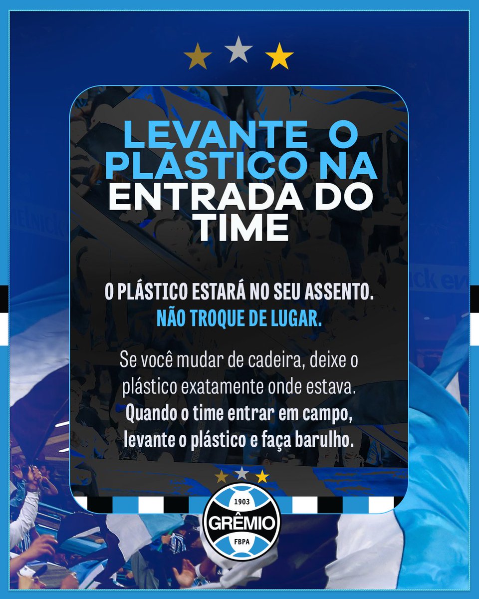 Gremio's tweet photo. 𝐌𝐀𝐈𝐒 𝐃𝐄𝐓𝐀𝐋𝐇𝐄𝐒 𝐏𝐀𝐑𝐀 𝐑𝐄𝐂𝐄𝐁𝐄𝐑 𝐎 𝐓𝐑𝐈𝐂𝐎𝐋𝐎𝐑! 🎺🇪🇪 Atenção, torcedor de 𝐓𝐎𝐃𝐎 o setor Leste! Os cilindros azuis, pretos e brancos estarão espalhados pelas cadeiras dos setores Gramado, Cadeira Gold, Camarotes e Superior.

⚠️ Importante: Cada assento estará identificado com um plástico das três cores do Tricolor. Por isso, permaneça com o cilindro da cor da sua cadeira. Caso mude de cadeira, deixe o plástico onde estava.

👉🏾 Assim que o time encerrar o aquecimento, encha o seu cilindro para receber o Tricolor com um baita mosaico. PRA CIMA!