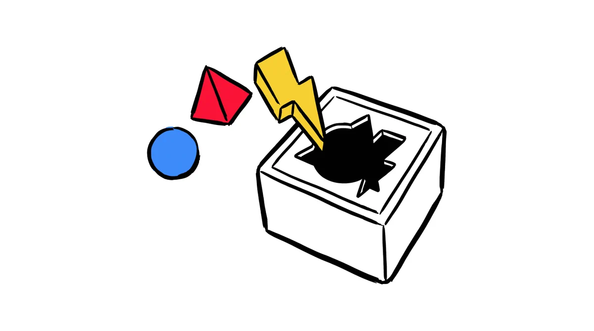 A hand-drawn shape-sorter box with one hole that a lightning bolt, a pyramid, and a ball all fit through, representing one payment call that pays any destination