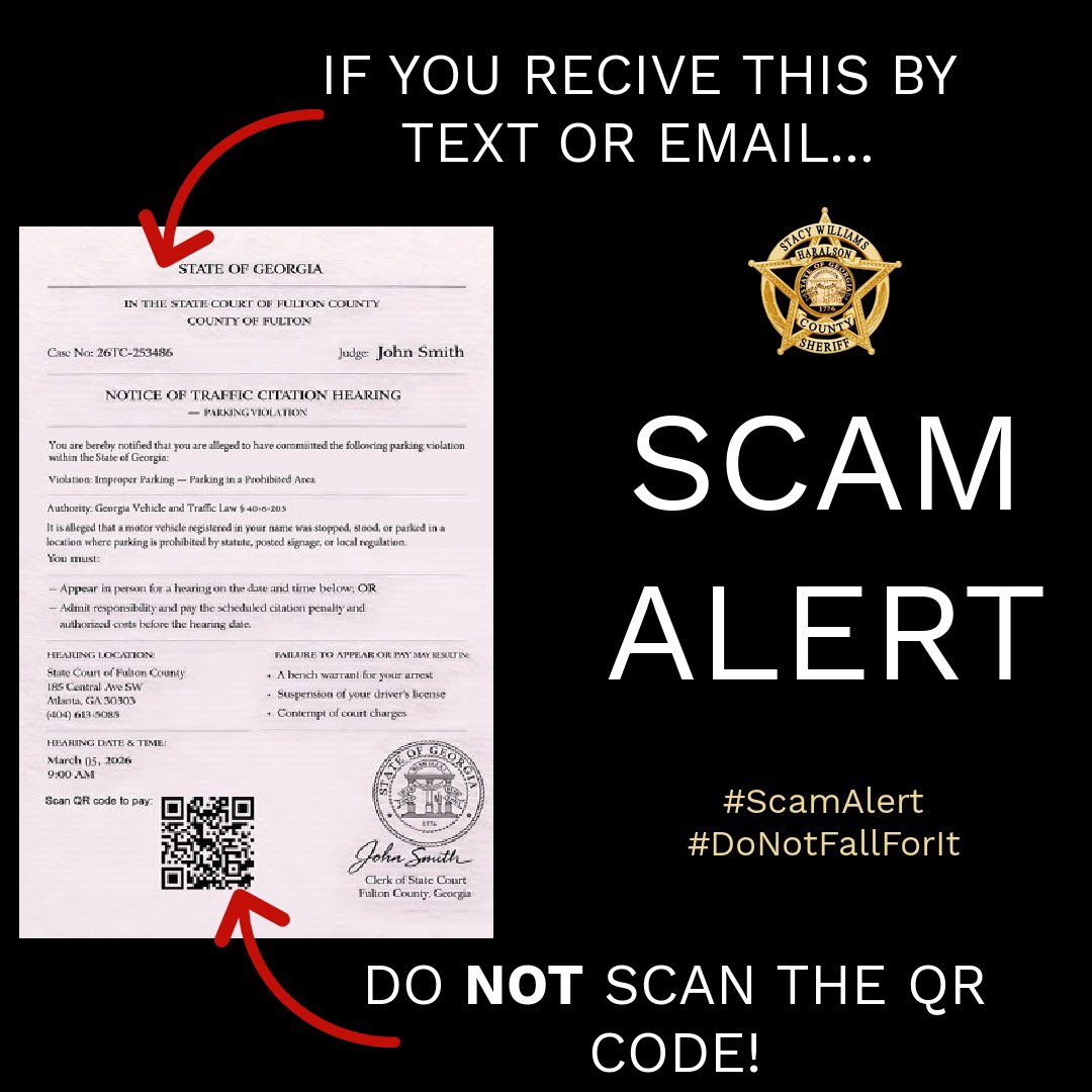 HaralsonSheriff's tweet photo. If you receive a screen shot of a court notice in your text messages or email, it is a SCAM! Do not scan the QR code or pay any money!
#ScamAlert
#DontFallForIt
#HCSO https://t.co/5OQUoeqonl