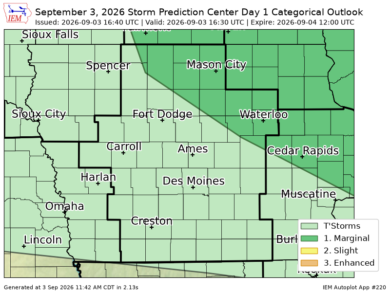 chaserbrandonWX's tweet photo. #SPC issues Day 1 Marginal Convective Risk at Sep 3, 16:40z for DMX https://t.co/2vZZzpObrD https://t.co/DRgK73GPlg