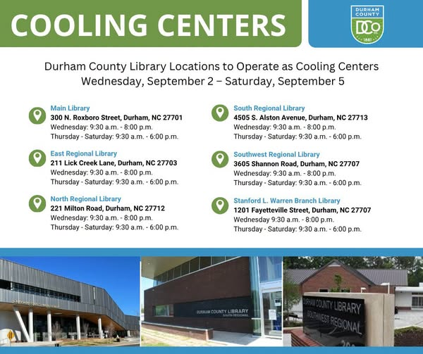 NCEmergency's tweet photo. 🌶️🥵If you need a break from the heat in Durham County, here are some options. The heat we are experiencing can be dangerous.
For more info on how to safely navigate these hot hot days, visit https://t.co/4OvsHBvYFq
#ReadyNC https://t.co/BivDLjR8wC