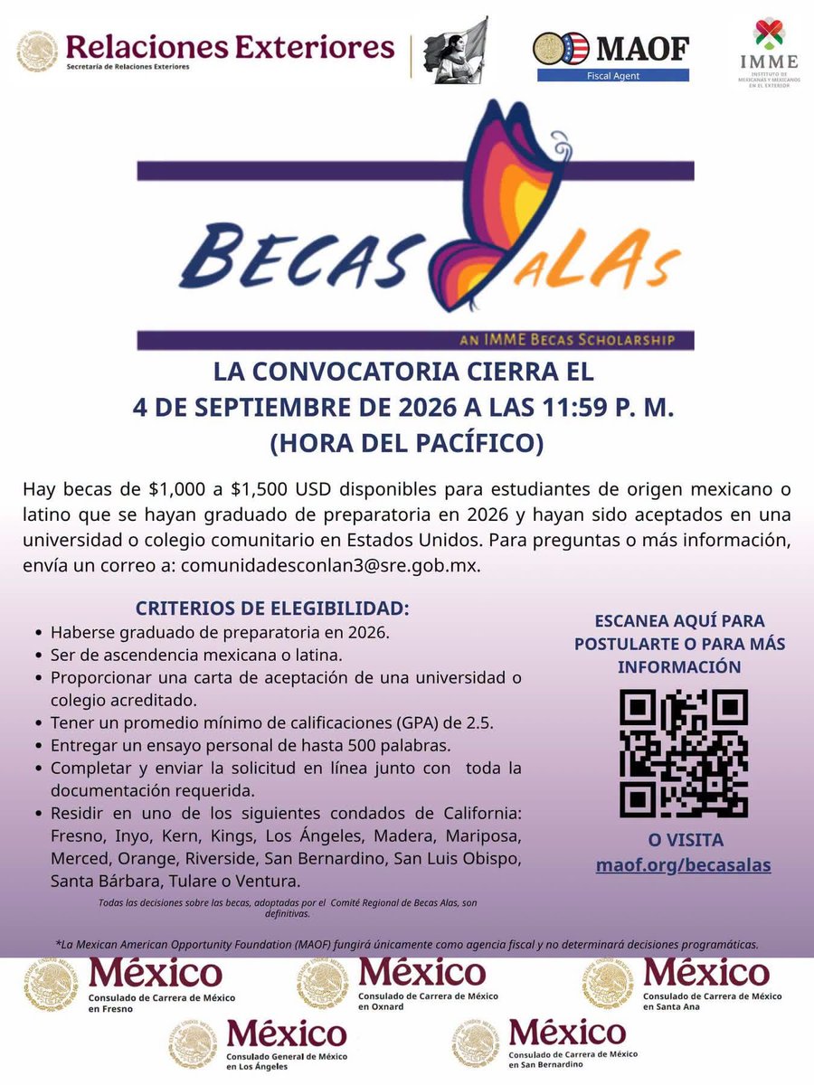 carlos_glezgtez's tweet photo. 📢 ¡Mañana es el último día para participar en la 2da edición del programa #BecasAlas!

Si eres estudiante de último año de preparatoria, de origen mexicano o latino, y has sido aceptado en una universidad, inscríbete ya. 

🎓 Becas de $1,000 a $1,500 USD para apoyar tu educación superior.
⏰ Cierre: 4/septiembre 11:59pm👉 Consulta los requisitos: https://t.co/VNF8nsIq1E