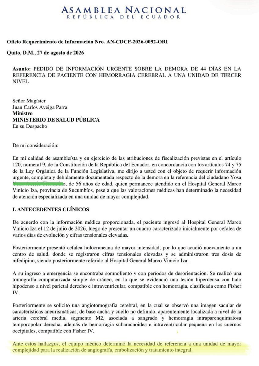 CompsCordova's tweet photo. #SOSSalud | ABANDONO E INDOLENCIA 💀🩺
Si no son capaces de salvar la vida de un paciente, son el ADN de este Gobierno.

Señor ministro @Salud_Ec y presidente @DanielNoboaOk, ¿Cómo es posible que el Sr. Yosa A, de 56 años, permanezca más de 50 días hospitalizado en el #HospitalMarcoVinicioIza, con diagnóstico de hemorragia intracerebral y hemorragia subaracnoidea asociada a un aneurisma cerebral, esperando ser trasladado a un hospital de tercer nivel?

La red del sistema ya fue activada, pero hasta hoy no existe una cama disponible para su derivación. ¿Hasta cuándo van a condenar a los pacientes a esperar mientras su estado de salud se deteriora? La vida no puede depender de la burocracia, ni de la falta de gestión.

Ministro @Salud_Ec, ¿Cuándo van a garantizar el traslado inmediato de este paciente a un hospital de especialidades?
Como este caso existen varios en la provincia sin respuesta. No vamos a guardar silencio mientras un paciente permanece más de 50 días esperando una respuesta. @BancadaRC5 @GabrielaEsPais @ElianaCorreaRC @ecuainm_oficial @onlypanasec @radio_pichincha @CorapeRadio 
#AtenciónMédicaUrgente #CompsCordova
