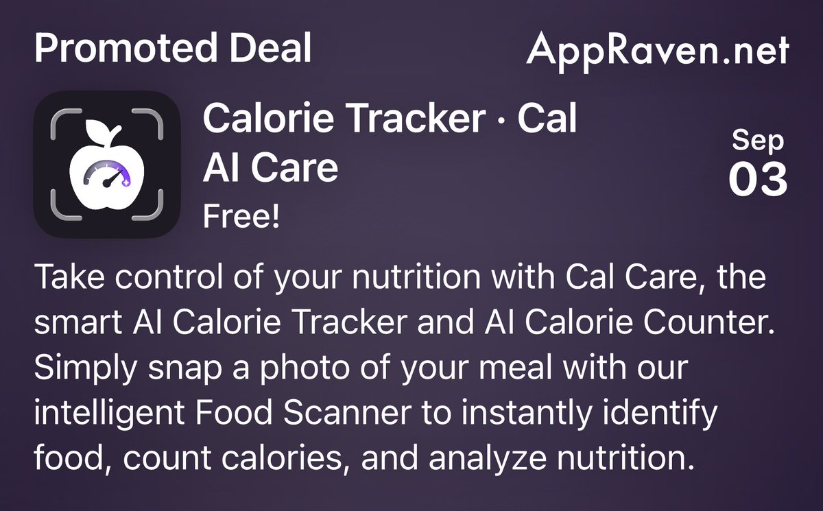AppRaven's tweet photo. 🎁 Today's App Deal - September 3rd 🎁

Calorie Tracker · Cal AI Care
Free!

Get it while you can!

👉 https://t.co/LPqFQmJVJj

📆 Repost &amp; Follow for new deals every day!

#Apple #AppStore #Deals #Discount #iPhone #Apps #iOS https://t.co/xnTxHQD7RR