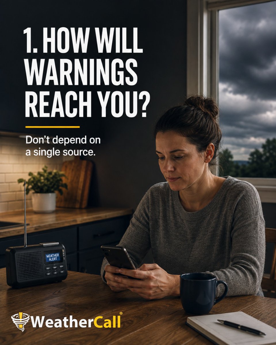 WeatherCallLLC's tweet photo. Give your weather plan a quick checkup:

✓ How will warnings reach you?
✓ Will an alert wake you up?
✓ Does everyone know where to go?
✓ What's the plan when you're not home?

Save the checklist and review it with your household.

#WeatherSafety #NationalPreparednessMonth https://t.co/pLmVye4l2f