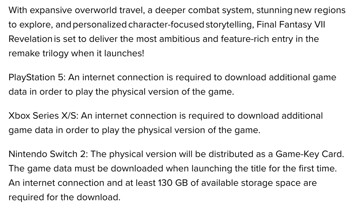 RPGSite's tweet photo. Update: Final Fantasy VII Revelation PS5 and Xbox physical versions will also require a download to play according to Square Enix: https://t.co/BM4TONiw4Q https://t.co/oRI9SLfqOD
