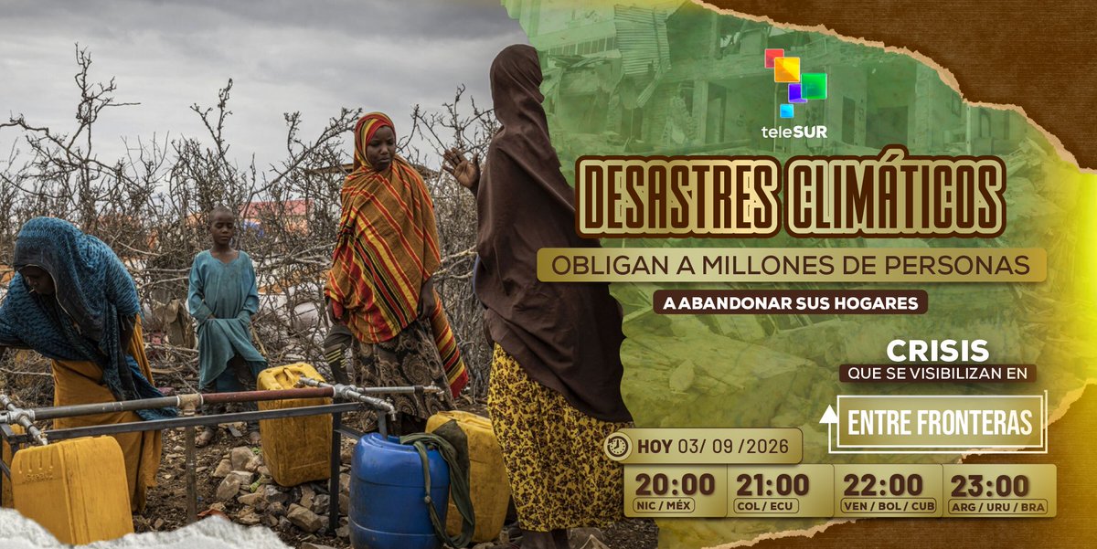 PromosTelesur's tweet photo. Los desastres climáticos se han convertido en una constante que obliga a millones de personas a abandonar sus hogares‼️
¿Qué panorama plantea esta nueva realidad? Te contamos HOY en @EfronterastlSUR
#EntreFronteras #Migración #Crisis #DesastresNaturales #Clima #Desplazados https://t.co/cLyuQdyKvz
