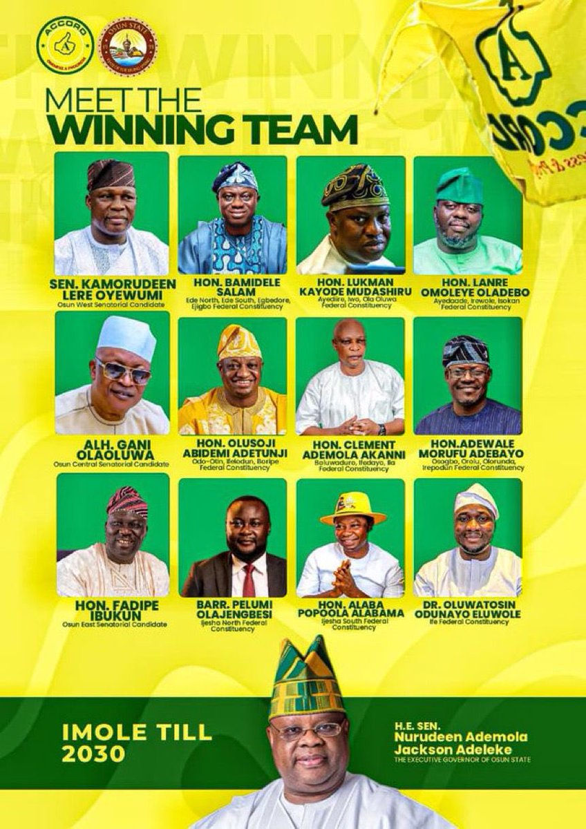 AAdeleke_01's tweet photo. Together, let’s get the winning team elected.

Our August 15 victory was just the beginning. Now we need your support to get all ACCORD Senatorial and House of Representatives candidates to Abuja. Vote ACCORD to consolidate our gains. https://t.co/FZWIj43bYA