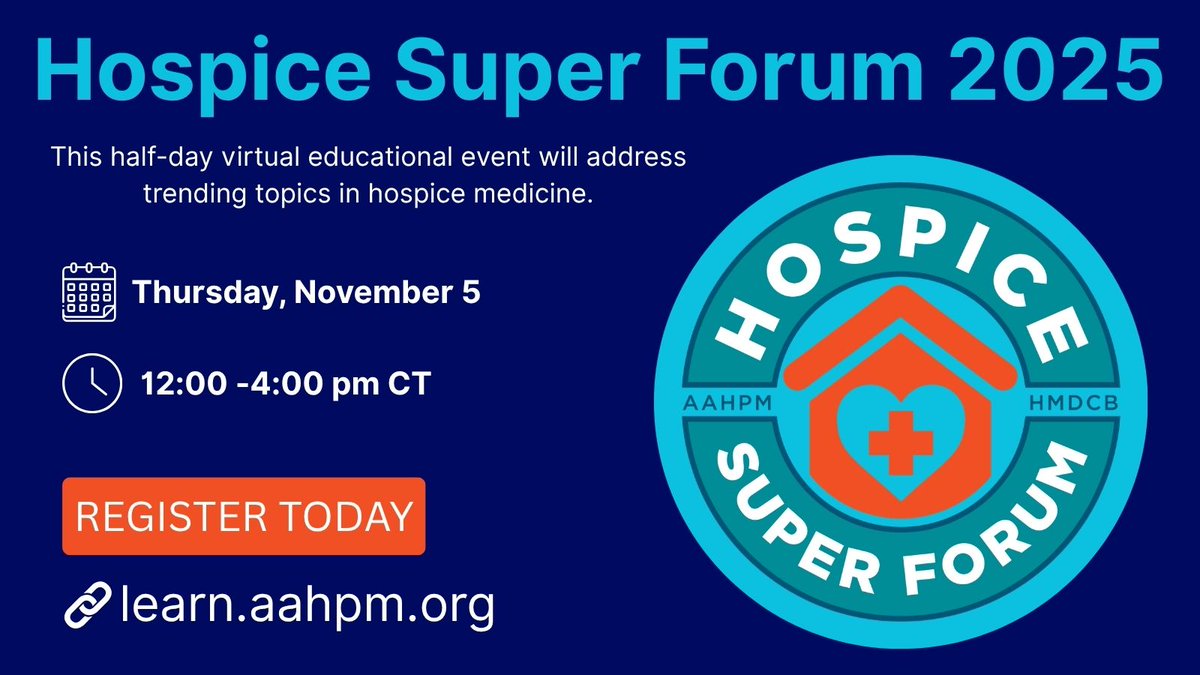 hmdcert's tweet photo. Don't miss the 3rd Annual #HospiceSuperForum hosted by HMDCB &amp; @AAHPM on Nov. 5 from 12-4pm CT

This event focuses on trending hospice topics, creates an opportunity to network with peers, and offers 3.75 AMA PRA Category 1 Credits™.

Register today at https://t.co/0qqZOqkNjV https://t.co/JQtBGP1ldj