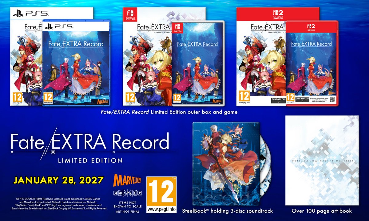 archetype_moon's tweet photo. 🫧 Une version physique européenne de Fate/EXTRA Record, publiée par Marvelous, a été annoncée !
https://t.co/ytdKgsbvwc

L'édition standard coûtera 59,99 € et la collector (qui inclura un steelbook avec la bande-son du jeu et un artbook) 89,99 € !
#FateEX_Record #TYPEMOON https://t.co/KppGW9szIX