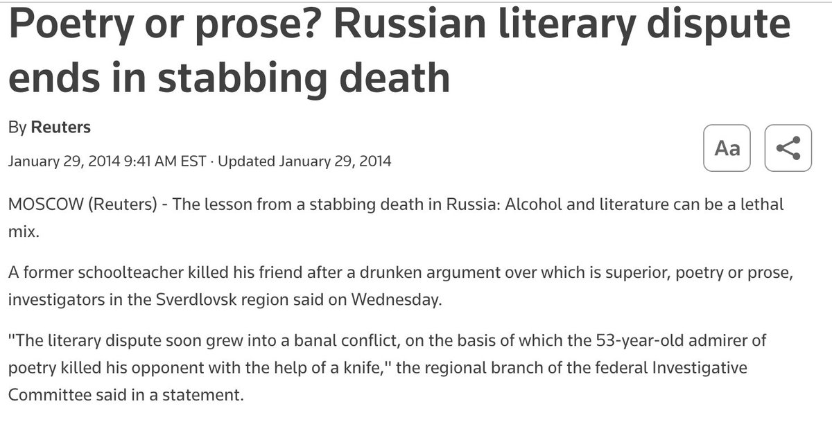 cognokenosis's tweet photo. this reminds me of two classic russian headlines about a man shooting someone over kant and a fatal stabbing following an argument of poetry versus prose https://t.co/9Ai6m4TxNu