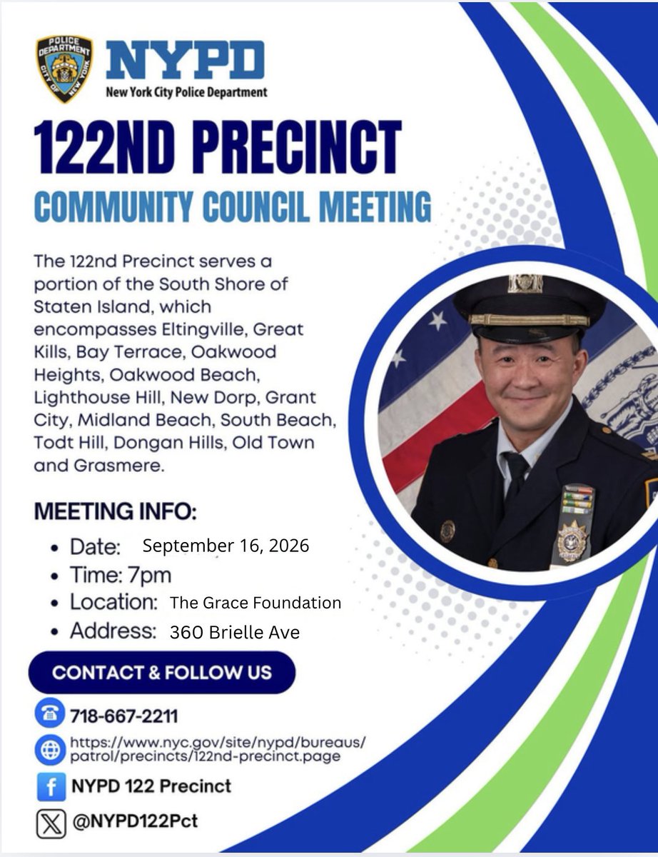NYPD122Pct's tweet photo. Join us Wednesday, September 16th for our monthly Community Council meeting at, The Grace Foundation 360 Brielle Ave. Come share your neighborhood concerns &amp; ask questions about topics you feel are important. Together we can make a difference. Hope to see you there. https://t.co/oYT22tXYnz