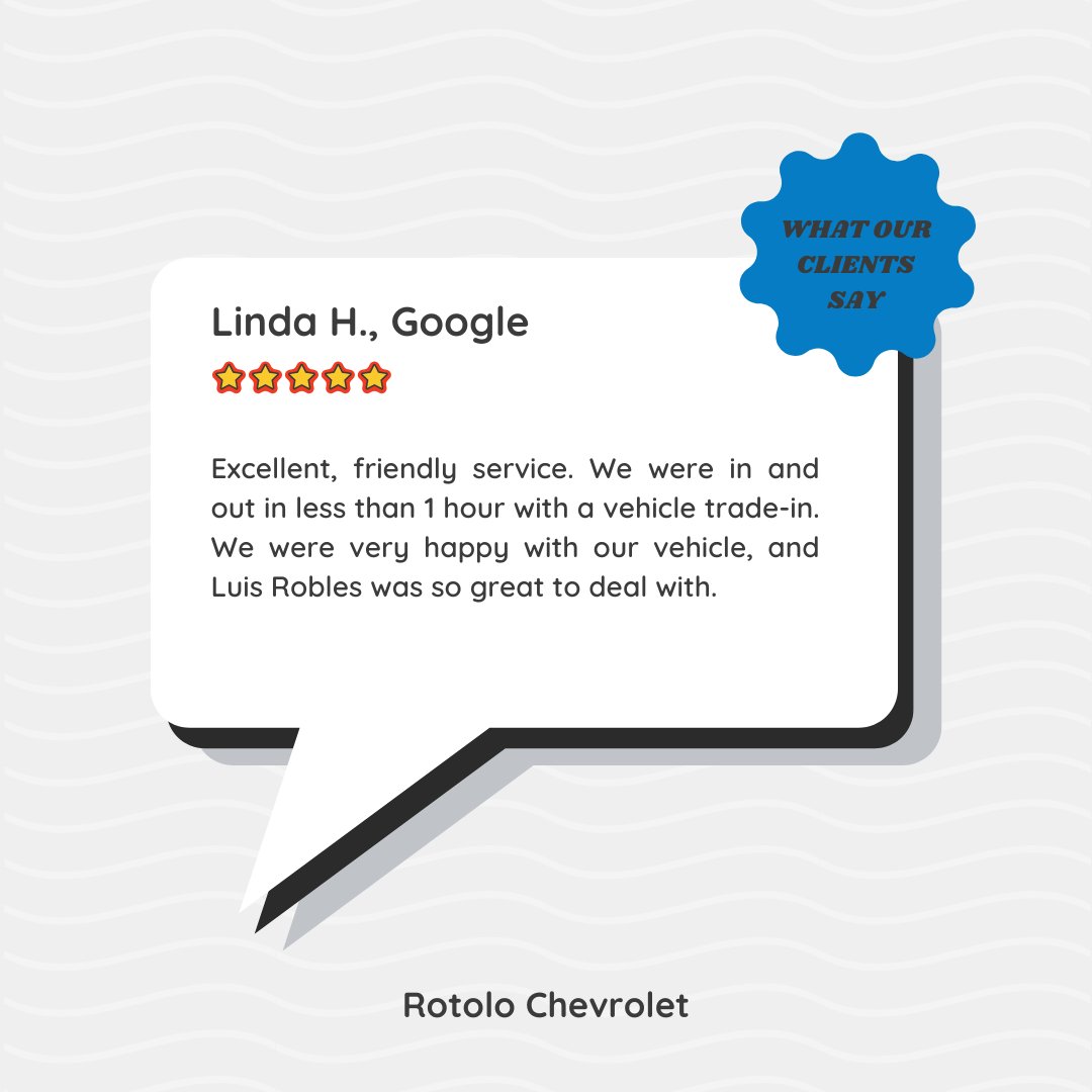 RotoloChevyCa's tweet photo. Thank you, Linda! We appreciate your kind words about your experience at Rotolo Chevrolet. We're glad to hear you received excellent, friendly service and that Luis made your vehicle trade-in process smooth. Enjoy your new vehicle, and we look forward to seeing you again soon! https://t.co/x5vF4U5Z9k