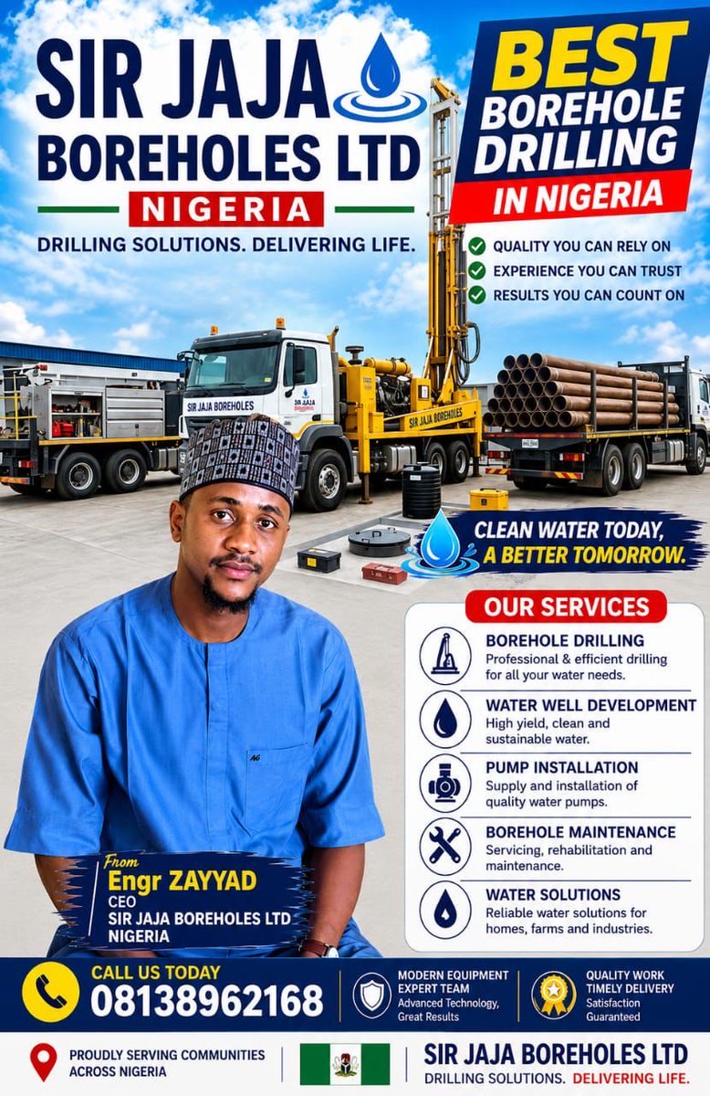 zayyad___'s tweet photo. Are you looking For Lasting, Good Qualitative, Durable and Affordable Bore Hole drilling that you will enjoy forever?
Then, Sir Jaja is the best Borehole drilling plug you can bank on! We go Anywhere in Nigeria, just contact us and be rest assured that it will be done perfectly. https://t.co/bH7aVBfnRx