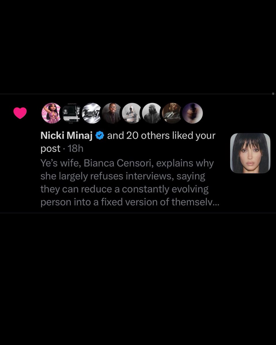 yzyupdates's tweet photo. Nicki Minaj shows love to a post of Bianca Censori sharing why she mostly stays away from interviews. 👑💗 https://t.co/XZQhlMHT22