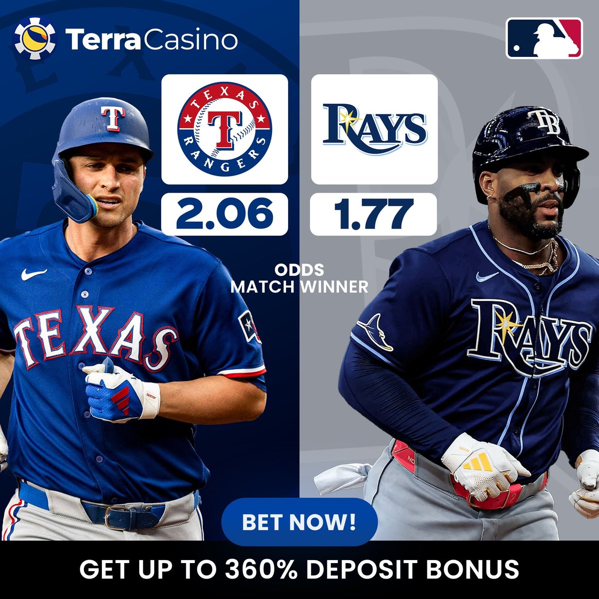TerraCasino_io's tweet photo. βΎ MLB action today!
@Rangers vs @RaysBaseball π₯
Texas and Tampa Bay go head-to-head β who are you backing to take the win? π
π https://t.co/ReGs56LRgd
#MLB #Baseball #TexasRangers #Rays #SportsBetting #TerraCasino https://t.co/tWINpRoua6
