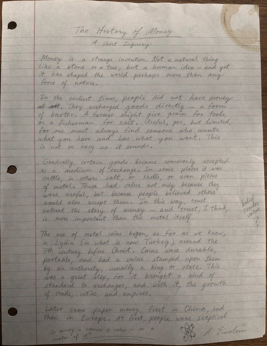 chetaslua's tweet photo. 🚨 GPT-Image-2.5 Output
   
I said it to write like einstein it did it without reference < i did not give image or anything   >  

left side is AI and right side is real photo from reddit to compare     

Prompt : a photorealistic, taken by phone photo of a handwritten essay in pencil, albert einstein handwriting, on an 8.5x11 piece of lined paper, about the history of money in world. make sure there is variance in the writing in a very einstein way. give it a slight coffee stain on the top right corner