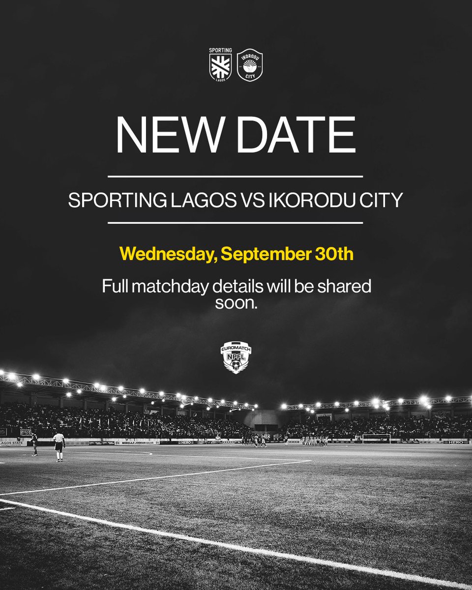 SportingLagos's tweet photo. Sporting faithful,

We had really been looking forward to Sunday. After we fought back to get to the NPFL, our first home game was going to be a Lagos derby, and we were going to do it in front of you. It was the perfect way to come back.

Unfortunately, our game against Ikorodu City, originally scheduled for Sunday, September 6th, has been rescheduled for Wednesday, September 30th. We’ll share the full matchday details once confirmed.

If you have already bought a ticket for Sunday, it will remain valid for our next weekend home game. We will be in touch directly.

We know this is disappointing. Many of you had planned to come with friends, spend the afternoon together and welcome the team home. We were looking forward to that too.

𝐁𝐮𝐭 𝐨𝐮𝐫 𝐧𝐞𝐱𝐭 𝐠𝐚𝐦𝐞 𝐢𝐬 𝐚𝐥𝐬𝐨 𝐚𝐭 𝐎𝐧𝐢𝐤𝐚𝐧. 𝐀𝐧𝐝 𝐢𝐭 𝐢𝐬 𝐚 𝐋𝐚𝐠𝐨𝐬 𝐝𝐞𝐫𝐛𝐲.

On Sunday, September 13th, we play Inter Lagos. We may be the away team, but it will now be the first time in a decade that two Lagos clubs meet in the top flight.

Please, come. We would love to see you. Home or away does not change what this game means. It is still Sunday. It is still Onikan. It is still a Lagos derby. Let’s make it special.

You, our community, bring our games to life. This is how the Nigerian football league we all believe in will grow, through all of us who keep believing in it.

Thank you for staying with us. The best part is still ahead.

See you on Sunday 💙