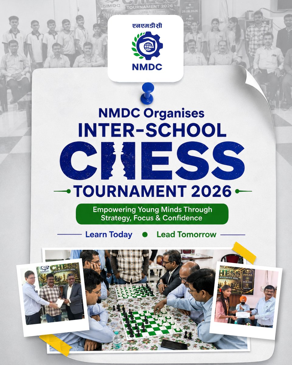 nmdclimited's tweet photo. Every move builds a mind, every challenge shapes a leader, and every young dream holds the power to change tomorrow.

On 29.08.2026, the NMDC Donimalai Complex CSR Department organised the Grand Finale of the Inter-School Chess Tournament 2026 at Doni Club, bringing together talented students from schools across the local Gram Panchayats.

The event was graced by Shri P. Ramaiyan, CGM-HoP, Shri Anil Kumar, CGM-Production, Shri S. Chatterjee, GM (HR) CSR, along with senior officials and the CSR team.

Following school-level competitions, the finalists came together to demonstrate focus, patience, strategic thinking and determination. First, Second, Third and Consolation Prizes were presented to the deserving students in recognition of their achievements and enthusiasm.

Through this initiative, NMDC continues to nurture young talent, encourage intellectual development and empower children from local communities with the confidence to learn, grow and lead.

Learn Today. Lead Tomorrow.

#NMDC #InterSchoolChessTournament #ChessTournament2026 #CSR #YouthEmpowerment #CommunityDevelopment #LearnTodayLeadTomorrow