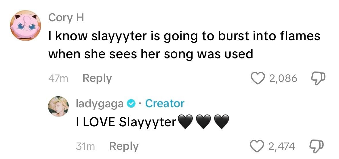 ladygaganownet's tweet photo. “I LOVE @slayyyter 🖤🖤🖤” – Lady Gaga on TikTok. https://t.co/hsZnRsWqQZ
