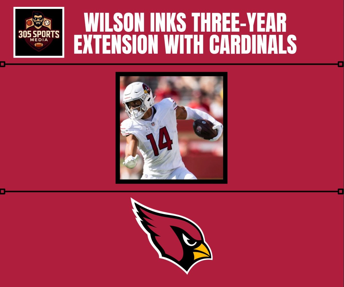 305SportsMedia's tweet photo. 🚨 NFL ALERT 🚨 WR Michael Wilson signs a three‑year extension with the #AZCardinals  after breaking out as their WR1️⃣ in 2️⃣0️⃣2️⃣5️⃣, posting 7️⃣8️⃣ catches, 1️⃣,0️⃣0️⃣6️⃣ yards and 7️⃣ TDs. The deal keeps him locked in through 2️⃣0️⃣2️⃣9️⃣ and solidifies Arizona's young core. 🏈 https://t.co/pLQLfbcx7x