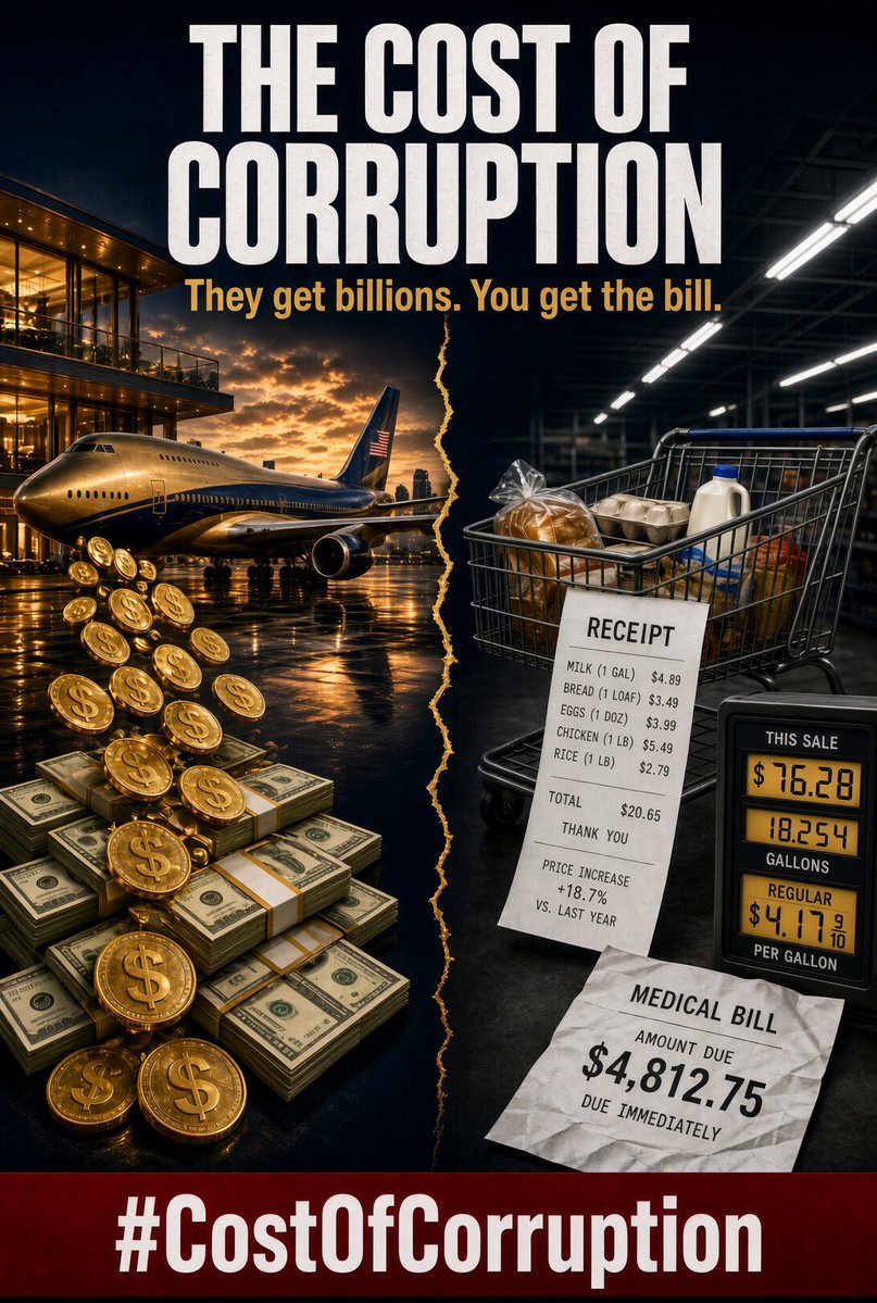 joncoopertweets's tweet photo. Trump and his family have raked in billions off the presidency — crypto deals, a $400M Qatari jet, tax immunity, and Pentagon contracts steered to his sons.

You get higher grocery, gas, and healthcare bills.

And Republicans in Congress don’t care.

That’s the #CostOfCorruption. https://t.co/P28DPi8xtJ