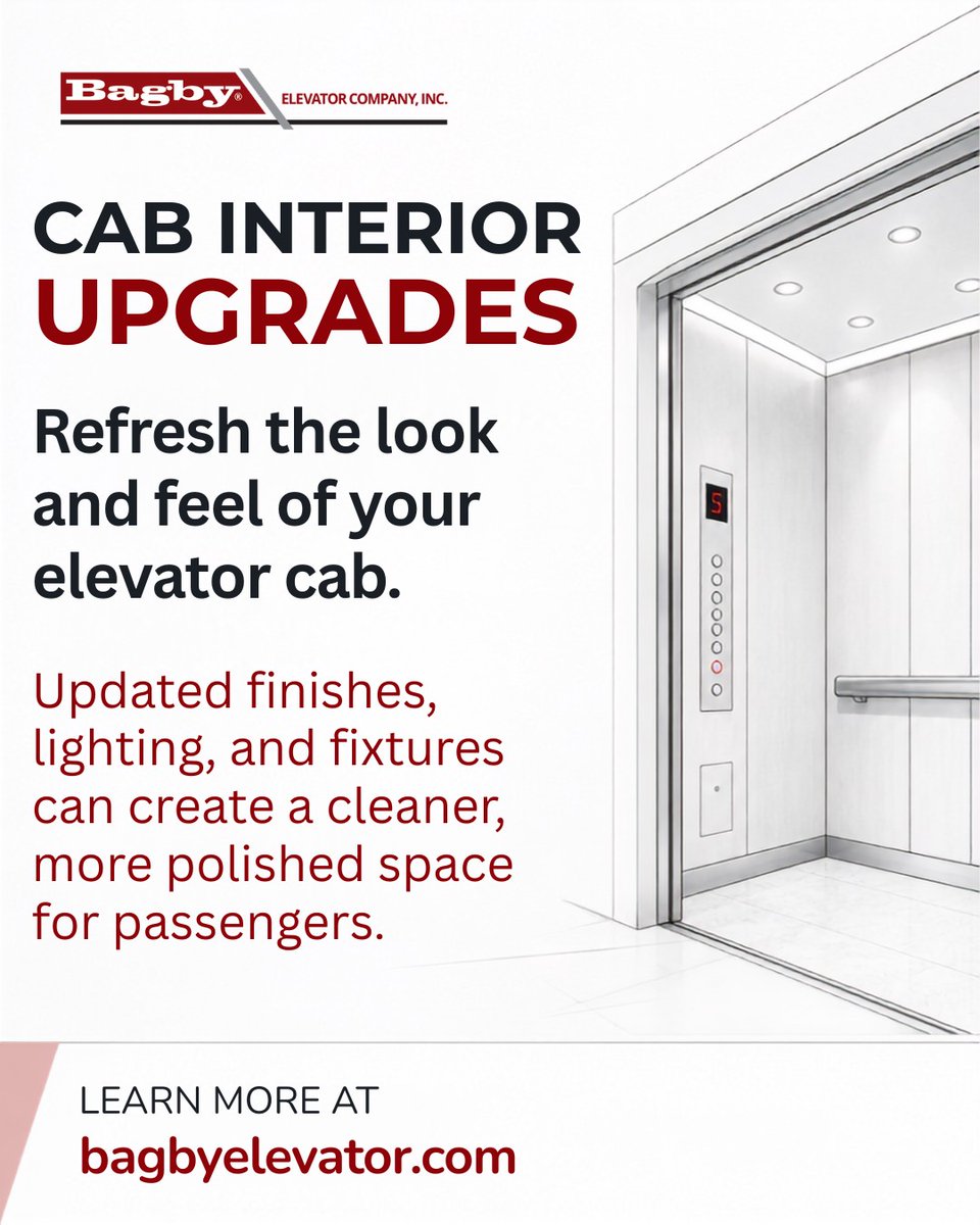 BagbyElevator's tweet photo. Your elevator cab is part of your building’s first impression. If the interior feels dated or worn, a cab upgrade can help bring the space up to date with modern finishes and a more polished look. https://t.co/4EUrdjChwk