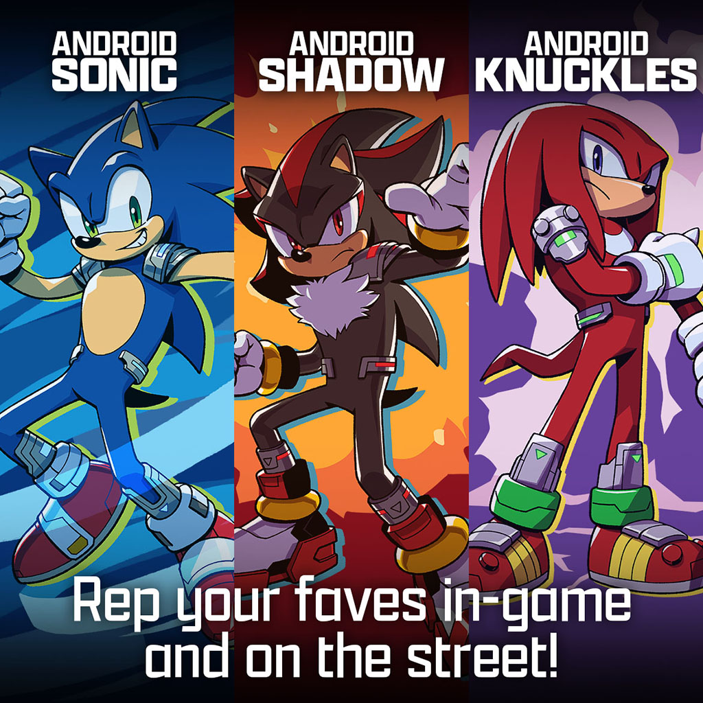 sonic_hedgehog's tweet photo. Out of the game and into our world! New merch featuring Android Sonic, Android Knuckles, and Android Shadow, with artwork by @SpiritSonic, is available now on Amazon.

Shop the collection: https://t.co/4TASuzwJAZ https://t.co/fy6fJ9m0zV
