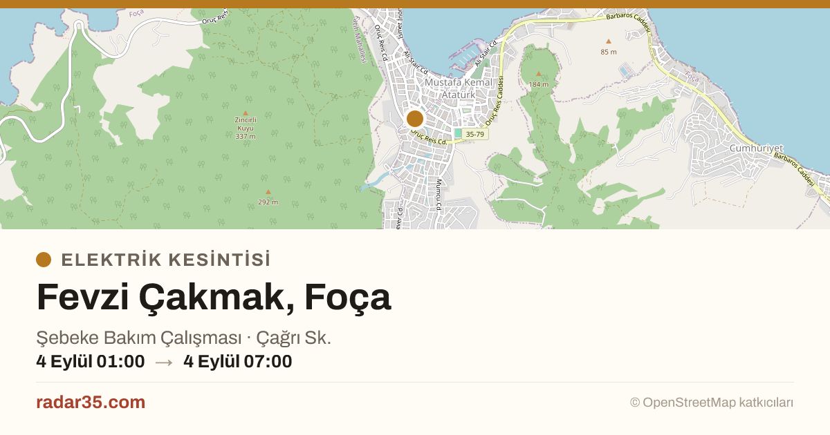 Radar35com's tweet photo. ⚡ PLANLI ELEKTRİK KESİNTİSİ — Foça
🕒 bu gece 01:00 – 07:00

Bu gece Fevzi Çakmak mahallesinde elektrik kesintisi olacak.

#İzmir #Foca #ElektrikKesintisi #Gedizelektrik #FevziCakmak

https://t.co/W65kfdWYnq https://t.co/pTkobLdifr