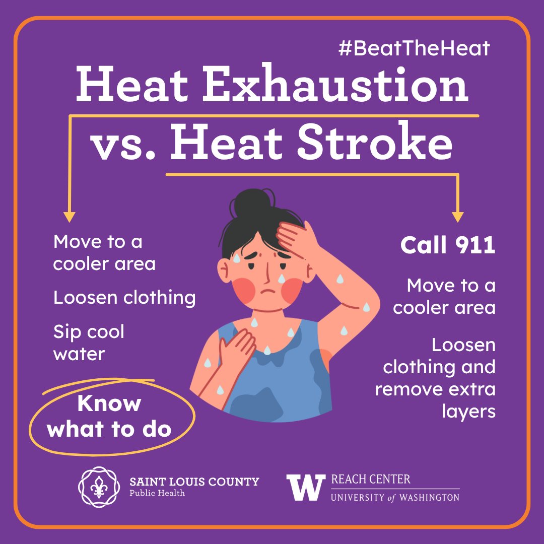 StLCountyDOH's tweet photo. Be prepared for the heat by knowing the signs of heat illness. If you experience dizziness, thirst, nausea, or weakness in the heat, move to a cooler place, loosen clothing, and sip cool water. If symptoms don’t improve, call 911. Follow for more tips on staying cool this summer! https://t.co/ja3tdeTFsB