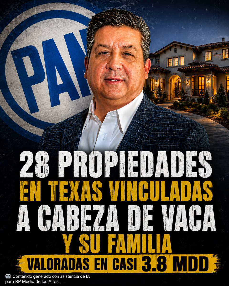 RPMedio's tweet photo. 🤠🏠 El “ranchito” texano: documentan 28 propiedades ligadas a Cabeza de Vaca y su familia por casi 3.8 mdd

No es precisamente una casita del otro lado.

Registros públicos del condado de Hidalgo, Texas, revisados por Proceso, documentan al menos 28 propiedades vinculadas con el exgobernador de Tamaulipas Francisco García Cabeza de Vaca y familiares directos.

💵 El valor catastral conjunto ronda los 3 millones 788 mil dólares, con inmuebles principalmente en McAllen, Mission, Alamo y Alton.

Cabeza de Vaca llegó a acumular 10 propiedades individualmente, aunque vendió tres en abril de 2025. El mapa inmobiliario se completa con bienes registrados a nombre o en copropiedad con su esposa y otros integrantes de su familia.

El exgobernador permanece en Estados Unidos mientras enfrenta una orden de aprehensión en México. Él rechaza las acusaciones y sostiene que se trata de una persecución política.

Fuente: Proceso

#RicardoPadilla #CabezaDeVaca #Texas

🤖 Contenido generado con asistencia de IA para RP Medio de los Altos.