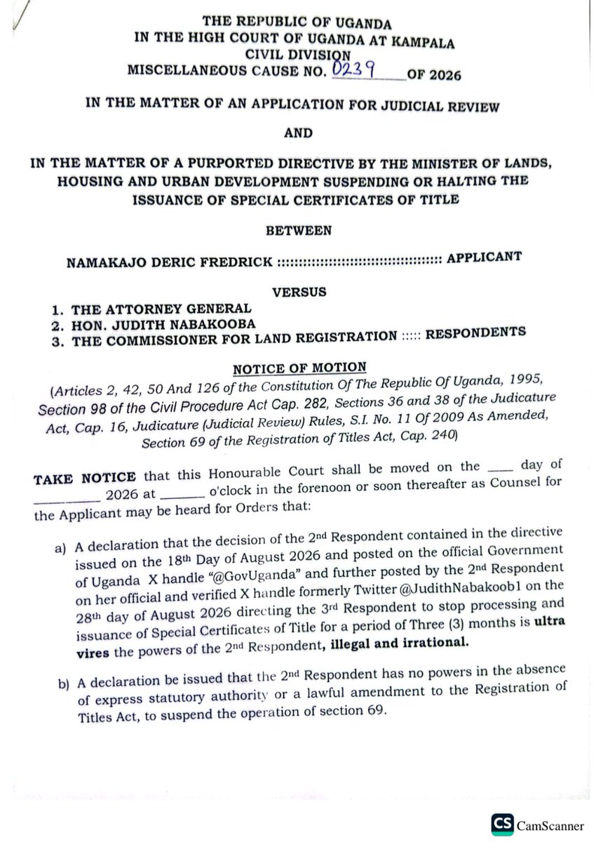 dericnamakajo1's tweet photo. Following the suspension of the issuance of the special certificates of title by the Hon @JudithNabakoob1 Minister for @ministry_lands. We have today filed an appln for Judicial Review challenging the directive being irrational, illegal &amp; ultravires, waiting for the hearing date https://t.co/GfA9VcgdER