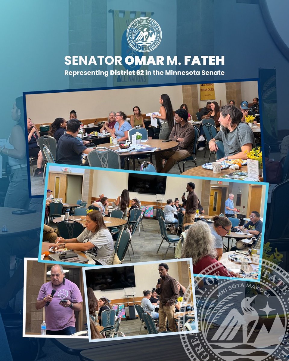 A collage of photos with the Minnesota State Seal and text reading “SENATOR OMAR M. FATEH
Representing District 62 in the Minnesota Senate”