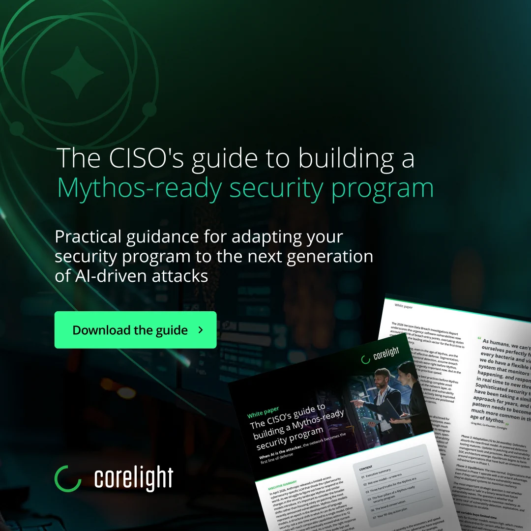 The image is a graphic for "The CISO's guide to building a Mythos-ready security program" by Corelight. It features a dark background with text about practical guidance for adapting security programs to AI-driven attacks. A button labeled "Download the guide" and a preview of a document are included.
