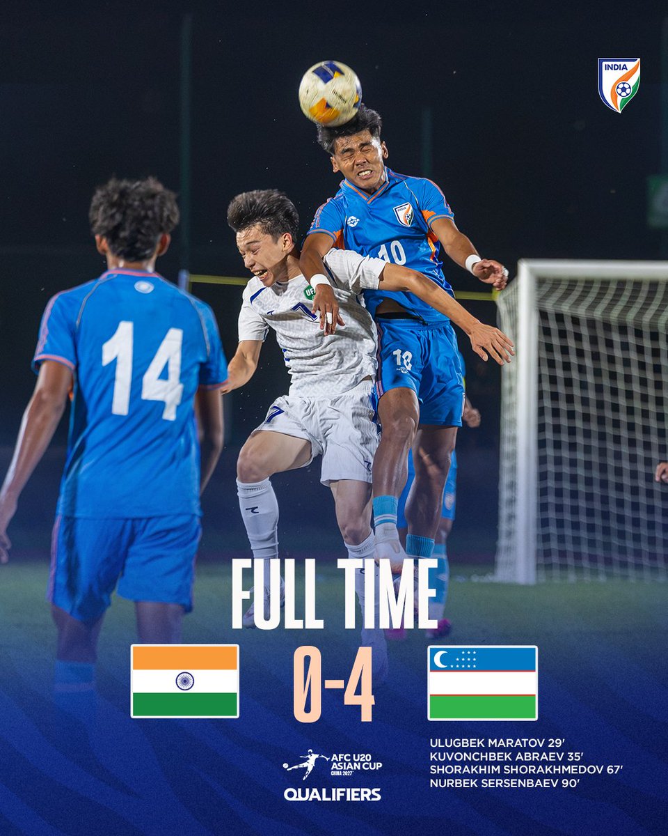 Siuuubiii's tweet photo. FULL TIME | India 0-4 Uzbekistan

An average outing for the Blue Colts as Uzbekistan secure a comfortable win in the AFC U-20 Asian Cup 2027 Qualifiers.

India now must beat Bangladesh in their next game to keep their qualification hopes alive!

#BlueColts #IndianFootball #aiff https://t.co/D0C26xBNRI