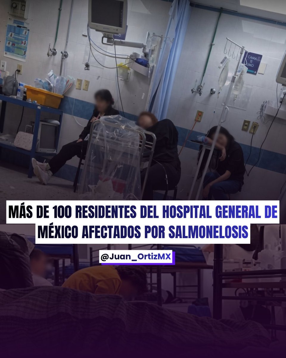 Juan_OrtizMX's tweet photo. 🗳️📌 BROTE DE SALMONELOSIS AFECTA A MÁS DE 100 RESIDENTES DEL HOSPITAL GENERAL

El Hospital General de México confirmó que 135 residentes y médicos de alta especialidad enfermaron tras consumir alimentos del comedor.

El brote fue detectado desde el 31 de agosto.

Hasta este 3 de septiembre, 41 siguen hospitalizados.

Los análisis encontraron Salmonella y, en dos casos, coinfección con E. coli.

El comunicado llega después de denuncias de los propios residentes.

Aseguran que algunos fueron obligados a seguir trabajando pese a presentar síntomas y que hubo presiones para evitar que el caso se difundiera.

También circularon reportes de 15 médicos en terapia intensiva, y quienes están en peligro.

Además, el Hospital quiere culpar al servicio contratado de comedor.

Sin embargo, el propio manual del Hospital establece que el Departamento de Nutrición debe supervisar el comedor de residentes y verificar higiene, cantidad y calidad de los alimentos.

La denuncia también aparece además el mismo día que la CNDH alertó sobre maltrato, jornadas excesivas y desprotección de médicos residentes en México.