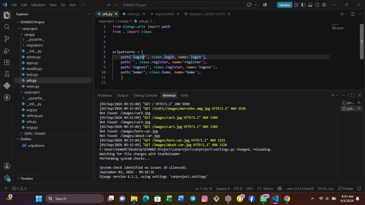 Lamzysax's tweet photo. Today, I built LAMZY AUTO , a luxury car website using Python, Django, HTML, CSS &amp; SQLite.

🔐 User registration &amp; login
🏠 Protected homepage
🚪 Login/logout functionality
✨ Clean, responsive luxury-car UI

Another step forward in my Django journey. ❤️

https://t.co/ZtEHVVGDWl https://t.co/yBI0CgmmIc